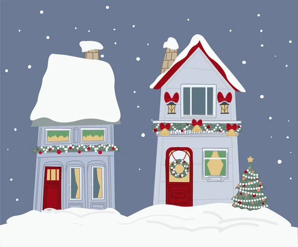 소나무 종으로 집들의 바깥쪽 Xmas 장식과 겨울과 크리스마스 모양의 반사기 — 스톡 벡터
