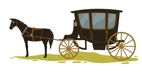 ガラス窓付きの馬車を引く馬 隔離されたエクイン輸送と通勤 都市と町の歴史的な交通機関 動物を使ったヴィンテージライド 昔ながらのやり方でベクトルをフラットスタイルで — ストックベクタ
