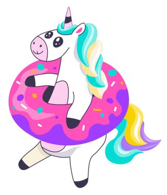 Şişme balon, yastık ya da tatlı tek boynuzlu at şeklinde pasta. Çocuk odası dekorasyonu için izole edilmiş mitolojik hayvan karakteri, kız için doğum günü hediyesi oyuncağı. Düz biçimli vektör