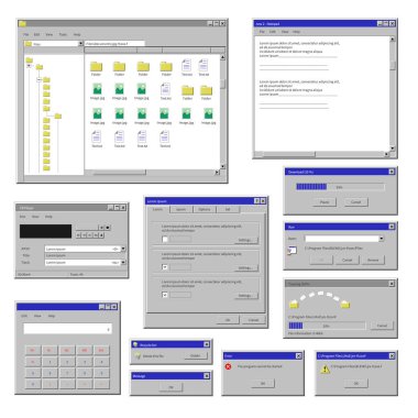 Bilgisayar pencereleri arayüzü, bilgi içeren izole tabloların ve veri ve düğmeli uygulamaların simgeleri. İnternet ve uygulamalar, bilgisayar kaynakları, grafik görünüş. Düz biçimli vektör
