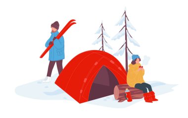 Kış tatillerinde dinlenmek, kamp yapmak ve ormanda çadırda kalmak. Kayak ekipmanlarıyla yürüyen erkek karakter. Kütüğe oturmuş sıcak çay ya da kahve içen bir kadın. Düz biçimli vektör
