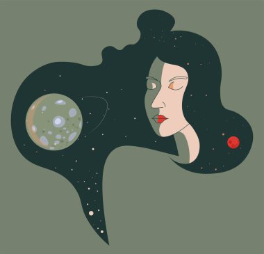 Uzayda kadın ve gezegenlerin minimalist portresi. Kapalı gözleri ve ay ışığı olan bir kadın karakter. Gök cisimleriyle fantezi ve rüyalar. Kozmos ve evren gökyüzü, düz stil vektörü