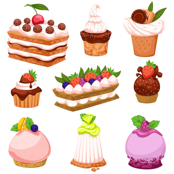 Fruit cakes and desserts with mousse and fruit, berries and decorative leaves. Puddings and jelly, ice cream and chocolate. Menu for restaurant or cafe, bakery shop assortment. Vector in flat style