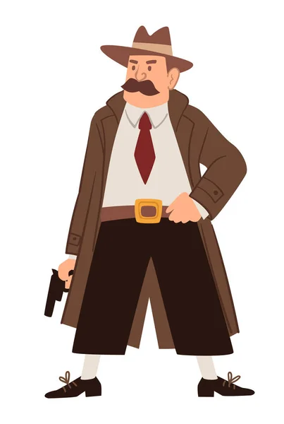 担任侦探或调查员的男性角色 身穿长年古装 手持枪支 在案件调查中卧底搜查罪犯 矢量呈扁平型 — 图库矢量图片
