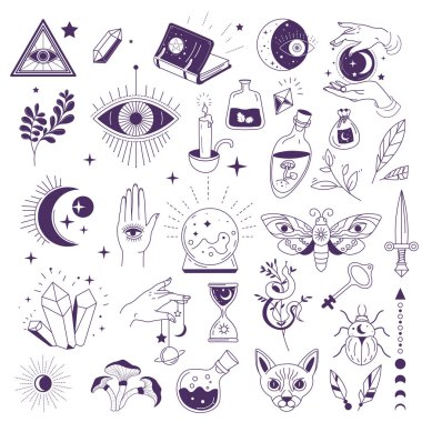 Esrarengiz işaretler, cadılık ve ezoterica. İzole ay ve büyü kitabı, mum ve iksir, kristaller ve gezegenler, yapraklar ve hayvanlar. Mistik ve sihirli sembol, vektör renksiz sanat, düz stil
