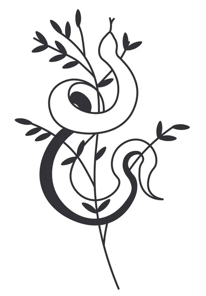 蛇在绿树成荫的树枝上招手 孤立的蛇 植物和动物的象征 爬行动物和花朵 奇异的危险生物与毒药 神秘和神奇的符号 矢量无色艺术 平面风格 — 图库矢量图片