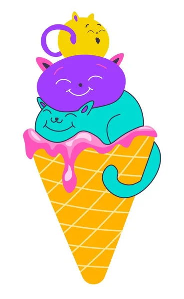 후식으로 맛있는 아이스크림 원추형을 환상의 과자는 귀여운 고양이나 캐릭터가 디자인이다 — 스톡 벡터