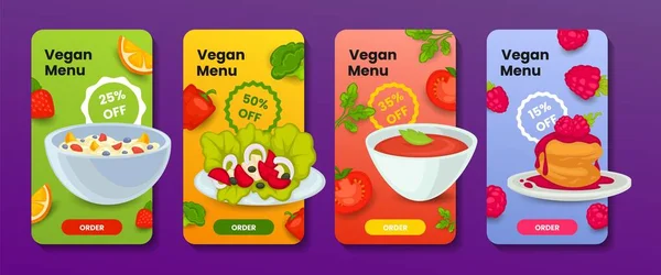 Conjunto Banners Móviles Para Publicidad Menú Vegano Colección Carteles Que — Vector de stock
