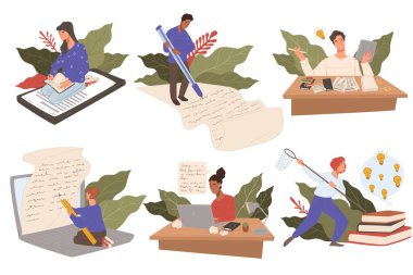 Kağıda mektup yazmak, metin ya da makale yazmak. Metin yazarlığı ve yaratıcı işler. Dizüstü bilgisayarları ve aletleri olan insanlar fikirleri ifade etmek için kalem kullanıyor ve evrak işleriyle kopyalıyorlar. Düz biçimli vektör