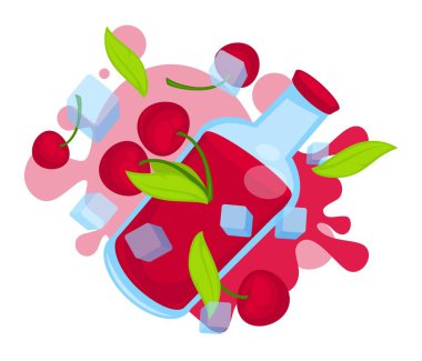 Kiraz suyu veya smoothie, vitamin ve minerallerle dolu içecek. Organik ve doğal ürünler dükkanlarda ve pazarlarda satılıyor. Detoks, vejetaryen ve vejetaryen menü için iç. Düz biçimli vektör