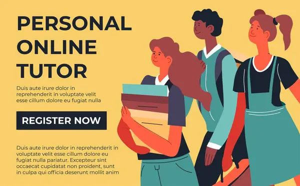 Courses for students and adults, personal tutor. Register or enroll via webpage. Obtaining knowledge and new skills from home. Website banner or online page in internet. Vector in flat style
