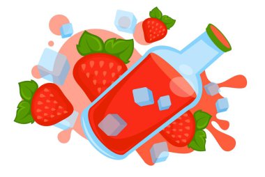 Kokteyl ya da olgun çileklerden yapılmış smoothie, taze böğürtlen ve buz dolu izole cam şişe. Organik ve vitaminli doğal üretim. Detoks için meyve suyu. Düz biçimli vektör