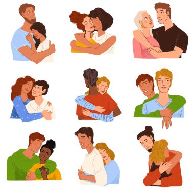İnsanlar sarılıyor, arkadaşlar ve aile üyeleri, sevilen ve evli. Sevgi dolu, kucaklayan karakterler. Erkek arkadaş ve kız arkadaş, kız kardeş ve erkek kardeş, karı koca. Düz biçimli vektör