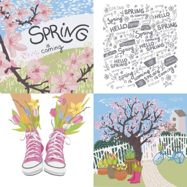 Cherry blossom in spring, sakura tree growing in yard. Garden with plants in pots, seasonal flourishing and flora. Sneakers with tulips and bouquets, march and april months. Vector in flat style clipart