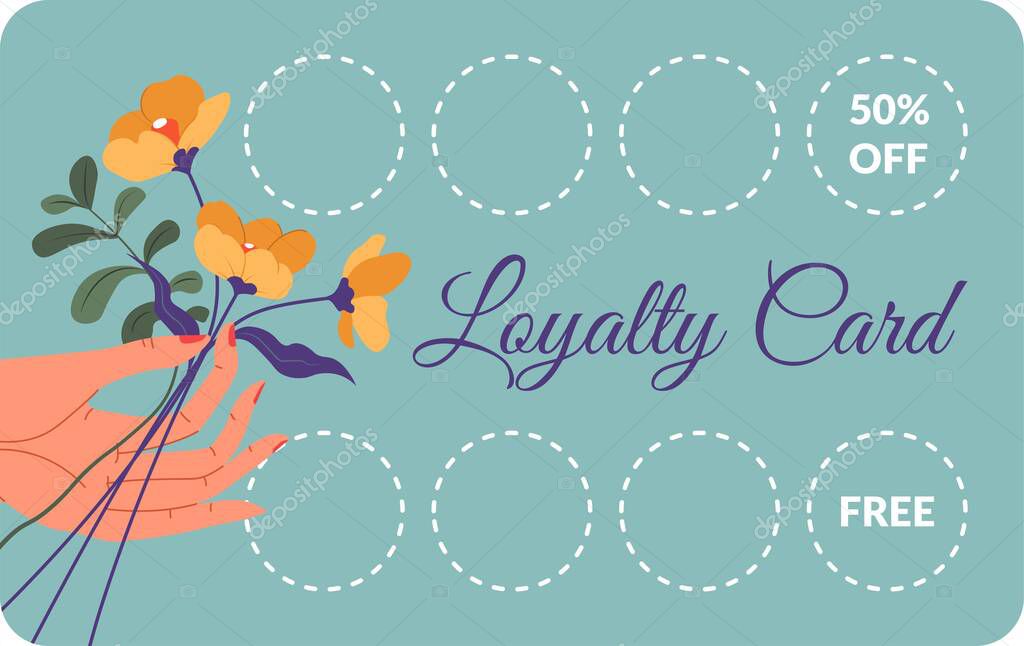 Discounts and free products for using loyalty card in shop or store. Bonus and sales, reduction of price and coupons for loyal clients and customers. Hand holding flowers. Vector in flat style
