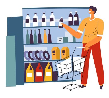 Süpermarkette alışveriş yapan bir adam. Erkek karakter satın almak için üretimi seçiyor, tramvay seçip yemek alan adam. Bir şişe meyve suyu ya da alkollü içecek. Düz biçimli vektör