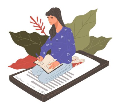 Not defteri olan, makale yazan ya da ödev yapan bir kadın karakter. Fotokopi yazarı ya da enstrümanlı öğrenci fikirler üzerinde kafa yoruyor. İşyerinde serbest çalışan biri. Düz biçimli vektör