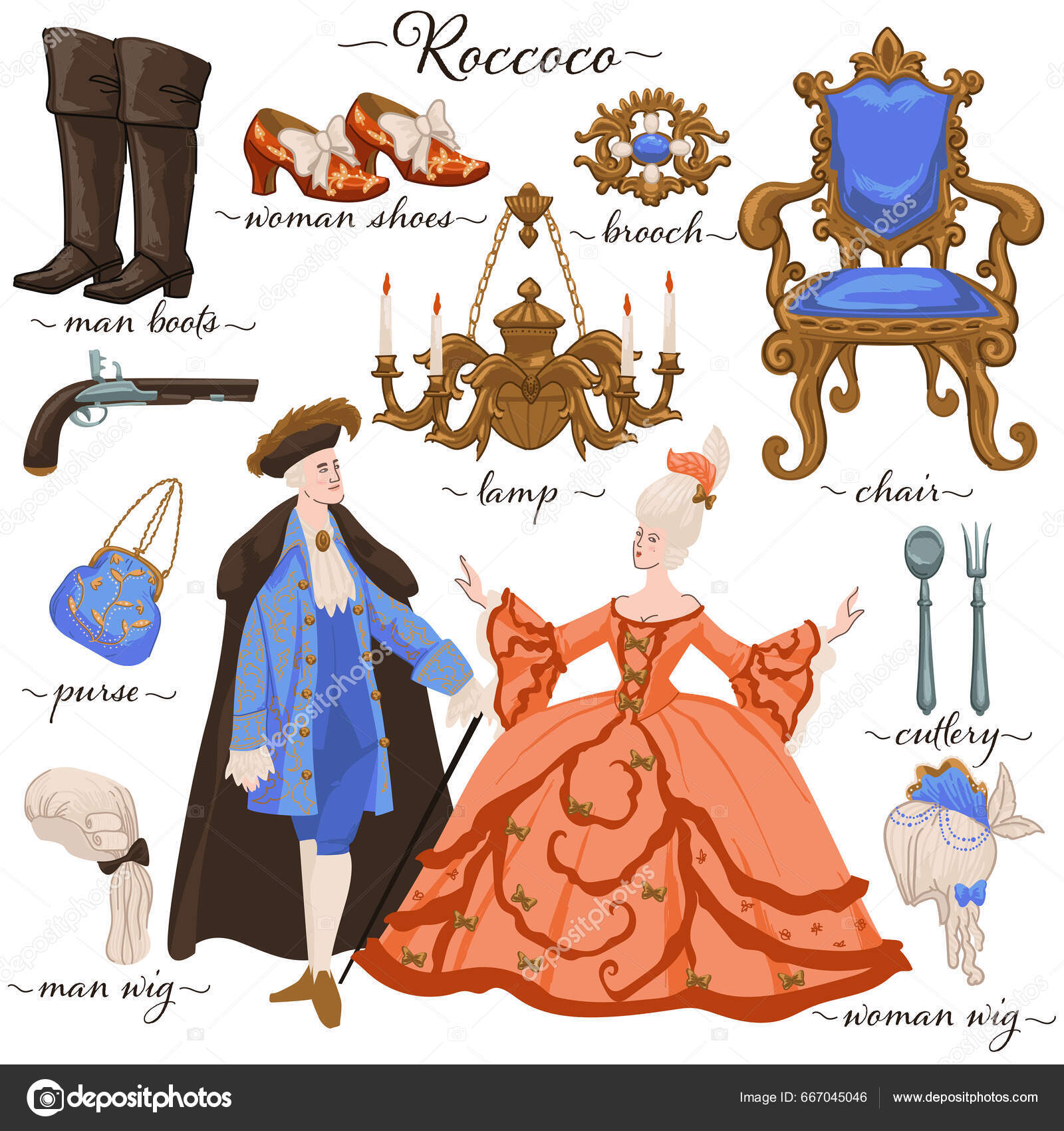 Kleding Meubilair Van Rococo Periode Geïsoleerde Personages Traditionele  Kostuums Pruiken stockvector door ©Sonulkaster 667045046