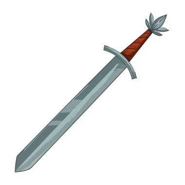 Keskin bıçağı ve ağır sapı olan antik bir kılıç. Antika ve eski zamanlar, savunmak ve saldırmak için bir silah. Ortaçağ ya da barok çağların tarihi sergisi. Düz vektör