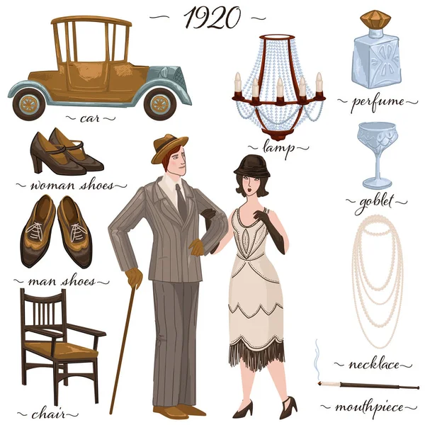 stock vector Culture and furniture pieces, clothes and vintage fashion of 1920s. Isolated couple wearing suit and dress. Lamp and old fashioned shoes, chair and goblet, perfume and necklace. Vector in flat style