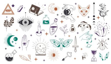 Okültizm ve mistik semboller, izole edilmiş göz ve üçgen, şifalı bitkiler ve sihirli kitaplar, iksirler ve hayvanlar. Maneviyat ya da din, minimalist ve eskiz sanatında etiketler ve amblemler. Düz biçimli vektör