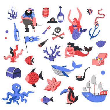 Marine and nautical life, underwater sea and ocean dwellers. Mermaid and seaweed, chest with pirate treasures, bottle of run and fish, octopus and ship with sails. Vector in flat style illustration clipart