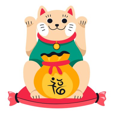 El sallayan pençeli gülümseyen kedi, soyutlanmış maskot ya da mutluluğu simgeleyen tılsım. Yastığın üzerinde oturan kedi yavrusu, küçük heykelcik ya da heykel. Kedi hayvan başarıyı getiriyor. Düz biçim illüstrasyonunda vektör