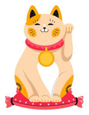 Maneki Neko Asya kedisi, şansı simgeler, kediciği yüzünde gülümsemeyle çağırır. Boynunda pençe sallayan sevimli bir kedi yavrusu. Asya ülkelerinde popüler olan dekoratif figür ya da heykel. Düz biçimli vektör