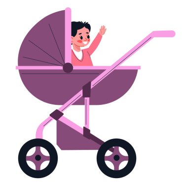 Bebek arabasında oturan küçük çocuk gülümseyip el kaldırıyor. Bebek arabasındaki yalnız bir çocuk, rahat ve güvenli bir şekilde taşınan bir elbise giyen neşeli bir kız. Çocuklar için at arabası. Düz biçimli vektör