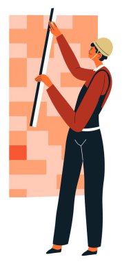 İnşaatçı, inşaat alanında duvar kağıtları, tadilat ve onarım işleriyle uğraşıyor. Duvar tasarımı, boyama ve tasarım üzerinde çalışıyorum. Profesyonel bakım ve inşaat için aletleri olan bir işçi. Düz biçimli vektör