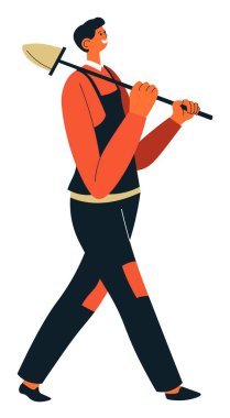 İnşaat alanında çalışan erkek karakter elinde kürekle yürüyor. Üniformalı bir adam iş için alet tutuyor. Toprak kazma aleti olan bir şahsiyet. Düz biçimli vektör