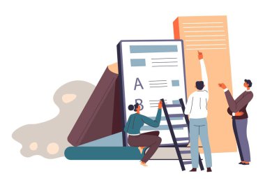 Kişisel gelişim ve eğitim, iş ve üniversite becerileri edinme. Öğrenciler için bilgi içeren kitaplar ve yayınlar, başarıya giden merdiveni olan karakterler. Düz biçimli vektör