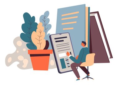 Bilgi içeren dizüstü bilgisayarlar, cihazlar, kitaplar ve yayınlar kullanarak çevrimiçi eğitim. Özel ders, metin ve video materyalleriyle internette çalışıyor. Öğrenci karantinada. Düz biçim illüstrasyonunda vektör