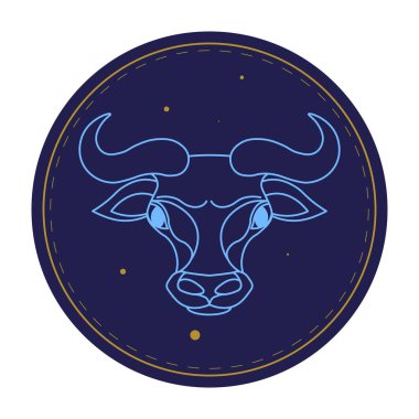 Öfkeli ağızlıklı ve boynuzlu Boğa burcu işareti. Astrolojik işaretler minimalist çizgi sanatında daire çiziyor. Çağdaş yıldız falı tasarımı. Boğa hayvanı, Taurean betimlemesi. Düz biçimli vektör