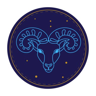 Burç burcu, burcun astrolojik sembolü. Astronomi ve astroloji. Mart ve Nisan 'da doğan insanlar için yıldız falı ve kehanetler. Boynuzlu ve ağızlık takan bir hayvan. Düz biçim illüstrasyonunda vektör