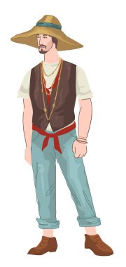 Geleneksel Çin hasır şapkası ve basit kıyafetler giyen erkek karakter. Aksesuarları olan şık bir adam, yazın giydiği çocuk kıyafeti. Doğu modası ve günlük trendler. Düz biçimli vektör