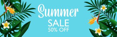 Yaz İndirimi Tropikal Tasarım Şablonu. Canavarlı ve palmiye yapraklı egzotik yeşil çiçekler. Moda için tanıtım reklamları, kozmetik aksesuarlar. Vektör arkaplanı.
