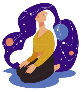 Kadın karakter meditasyon ve rahatlama, doğa, evren ve evrenle birleşme. Gezegenler, yıldızlar, takımyıldızlar ve gök cisimleriyle çevrili bir kadın oturuyor. Düz biçim illüstrasyonunda vektör