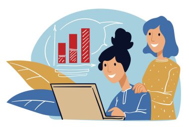 Takım çalışması ve görevin başarıyla tamamlanması, verimlilik ve gelirde artış. Takım lideri ya da patronundan işbirliği ve yardım. Ofisinde dizüstü bilgisayarı olan bir çalışan. Düz biçim illüstrasyonunda vektör