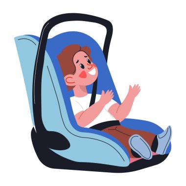 Çocuk çocuk çocuk oto koltuğunda oturuyor, bebek arabasının sapıyla gülümsüyor. Bebekler için yumuşak ve rahat bir sandalye. Araç, emniyet ve emniyet kemeri ile seyahat ve hareket halinde. Düz biçimli vektör