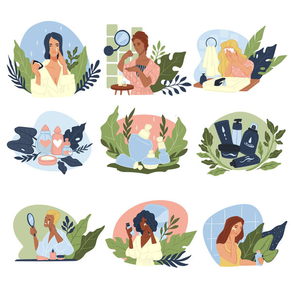 Ladies applying cosmetics and trying beauty products for face. Skin care and treatment for moisturizing and hydrating. Whitening and massage, contouring and lifting of women. Vector in flat style