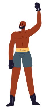 Koruyucu eldiven giyen profesyonel boksör dövüşü kazanıyor. Şampiyonada tek başına dövüşen kaslı boksör, spor müsabakasında zafer ya da sporcular için meydan okuma. Düz biçim illüstrasyonunda vektör