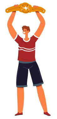 Erkek karakter, müsabaka veya oyunda birincilik için altın kemer sahibi. Tecrit edilmiş sporcular en iyi sonucu elde ediyorlar, boks ya da karate şampiyonu. Kutlayan çocuk. Düz biçimli vektör