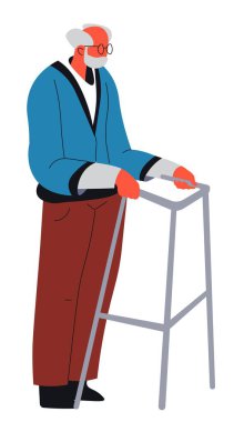 Engelli ya da yürüme sorunu, metal yapıları olan izole edilmiş yaşlı erkek karakter taşınmaya yardım ediyor. Erişilebilirlik ve yaşlanma, sakatlık üstüne rehabilitasyon. Düz biçim illüstrasyonunda vektör