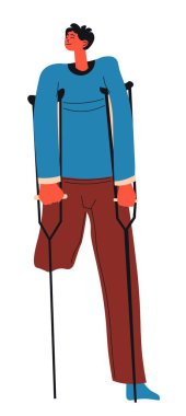 Hareket etmek için mekik kullanan kesik bacaklı bir erkek karakter. Engellilik ve sakatlık, buna dahil olan insanlar yardım eder. Yürümeye çalışan, izole edilmiş kişilere yardım. Düz biçim illüstrasyonunda vektör