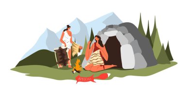 İnsanlar kürklerinden ve öldürülen hayvanların derilerinden elbise dikiyorlar. Tarih öncesi dönem kültürü ve günlük yaşam, mağara evleri ve evlerle ilgilenen kadınlar. Küçük şöminenin yanındaki kızlar. Düz biçimli vektör