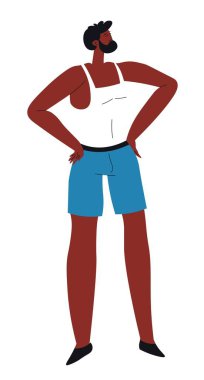 Spor kıyafetleri giyen, spor yapmaktan ya da antrenman yapmaktan gurur duyan izole bir erkek karakter. Şort ve tişörtlü atletik adam, fiziksel gelişim ve pratik, sağlık ve sağlık. Düz vektör