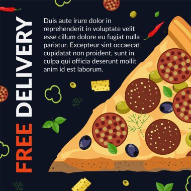 Lokanta ya da bistro servisi, pizzacıdan bedava pizza. İtalyan mutfağı, yemek siparişi. Tanıtımlı menü. Reklam afişi ya da poster, kafe ya da restoran indirimi. Düz biçimli vektör