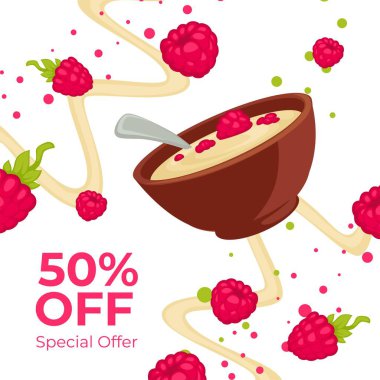 Süper, böğürtlenli ahududu lapası için% 50 indirim teklif ediyor. Sağlıklı atıştırmalıklar ve lezzetli yemekler. Reklam afişi ya da poster, kafe ya da restoran indirimi. Düz biçimli vektör