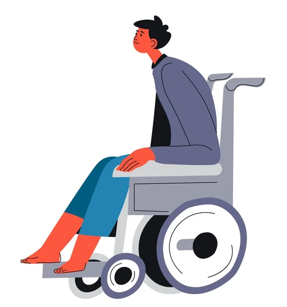 Jeune Personnage Masculin Assis Fauteuil Roulant Handicapé Marcher Handicap Problèmes — Image vectorielle